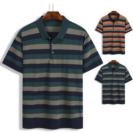 Summer T-Shirt Striped Color Matching Pockets Men's Lapel Short-Sleeved Top